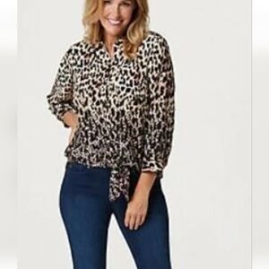 Belle by Kim Gravel Tie Front Blouse Shirt Leopard Print 2X